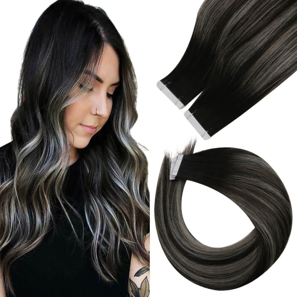 Tape in Hair Virgin Human Grey Hair Extensions Black with  display picture 1