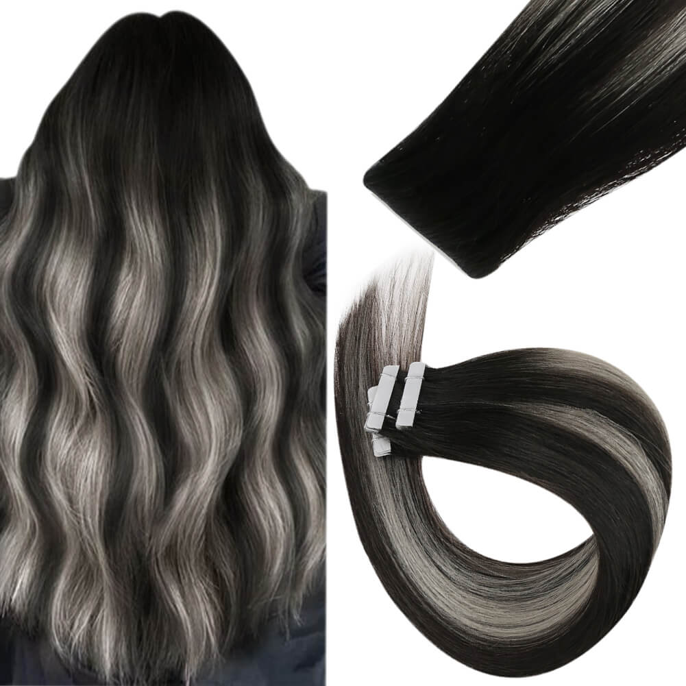Seamless Inject Tape in Extensions Virgin Human Long Hair Balayage #1B/Silver/1B Easyouth