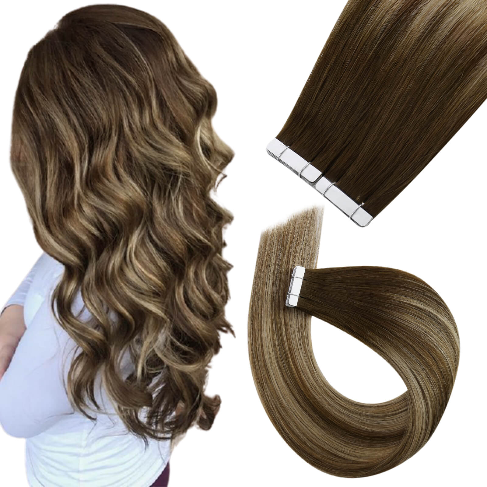 NEW Glamorous Hair Extension Tape in Extensions Virgin Human Hair Balayage Highlights Brown 4 8 27 4 Easyouth