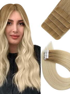 [New]Blonde Tape In Hair Extensions For Thin Hair Virgin Injection Real Human Hair #R12/T60