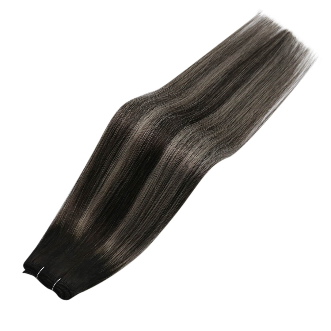 [NEW]Weft Human Hair Extensions Virgin Hair Black with Grey #1B/SILVER/1B |Easyouth