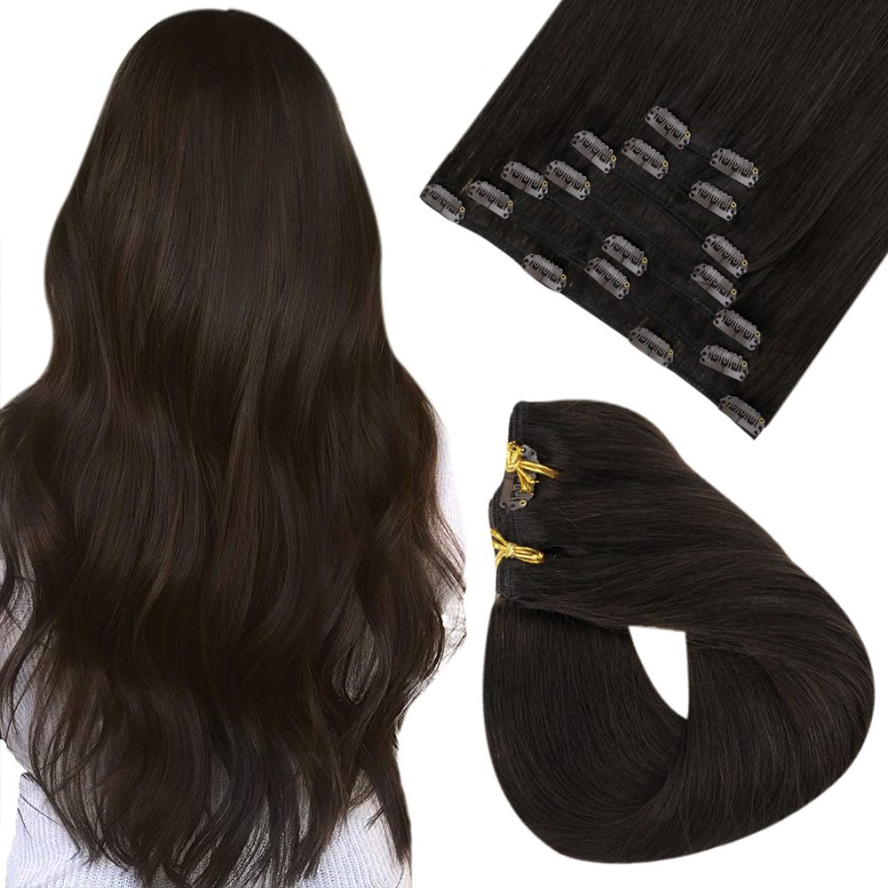 Clip in Hair Extensions Remy Human Hair Darkest Brown #2 |Easyouth