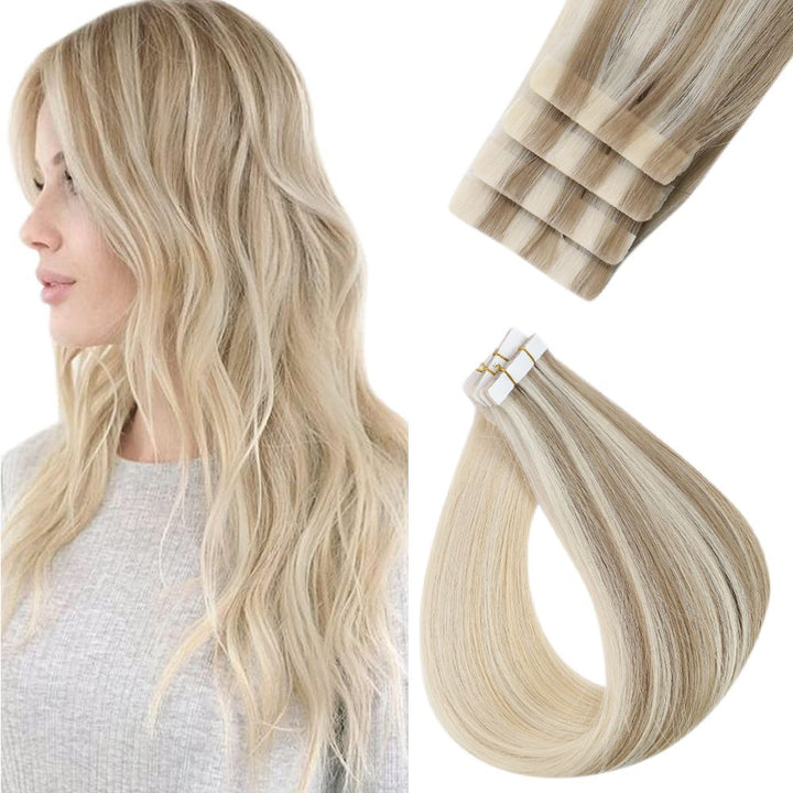 Seamless Tape in Hair Extensions with Blonde Highlights#18/22/60 Real Human Hair Injection Tape Hair Extensions