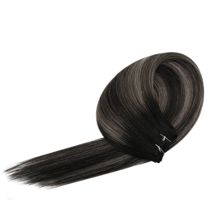 [NEW]Weft Human Hair Extensions Virgin Hair Black with Grey #1B/SILVER/1B |Easyouth