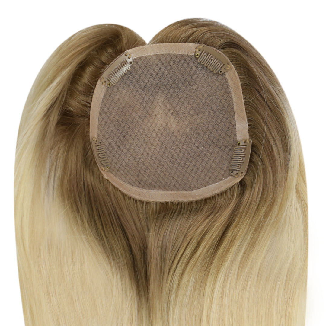 [50%off]Balayage Blonde Mono Topper Human Hair Piece Toupee with Clips #16/60