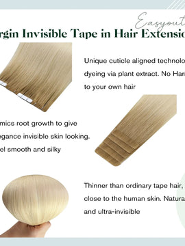 [New]Blonde Tape In Hair Extensions For Thin Hair Virgin Injection Real Human Hair #R12/T60