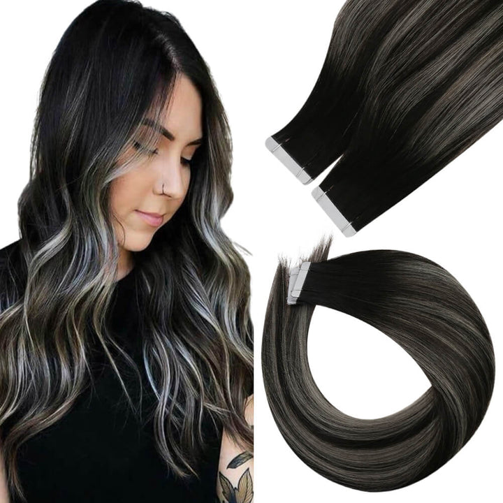[NEW] Tape in Extensions Virgin Human Hair Black with Silver #1B/SILVER/1B |Easyouth