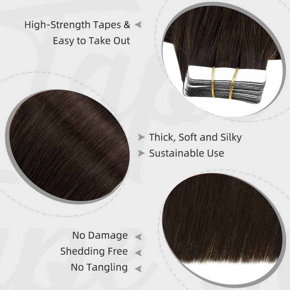 Tape in Hair Extensions Remy Human Hair Darkest Brown #2 |Easyouth