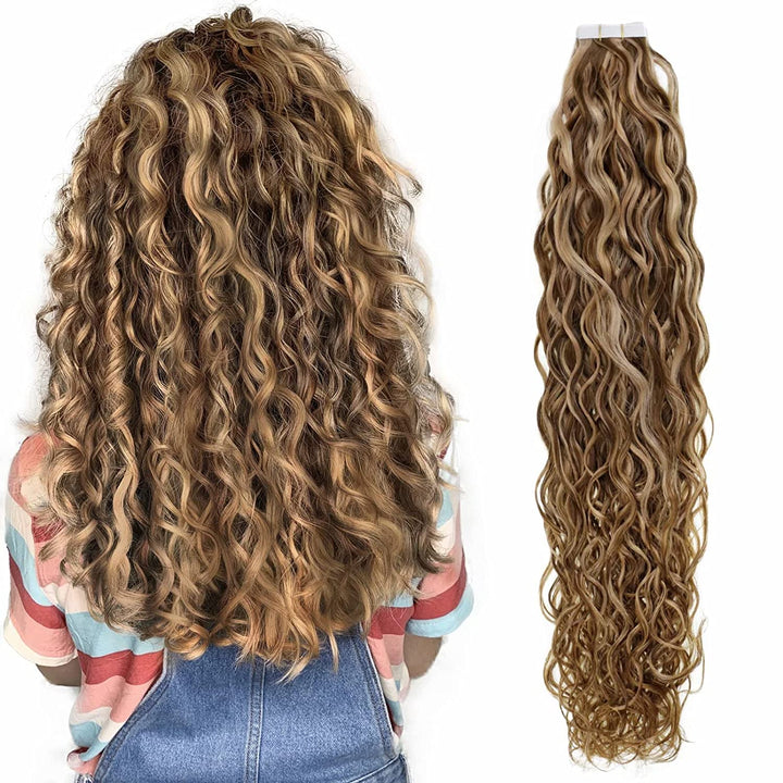 Easyouth Tape in Curly Hair Extensions Human Hair Natural Wave #4/27NW