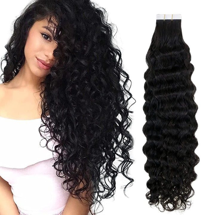 Easyouth Tape in Curly Hair Extensions Human Hair Natural Wave #1BNW