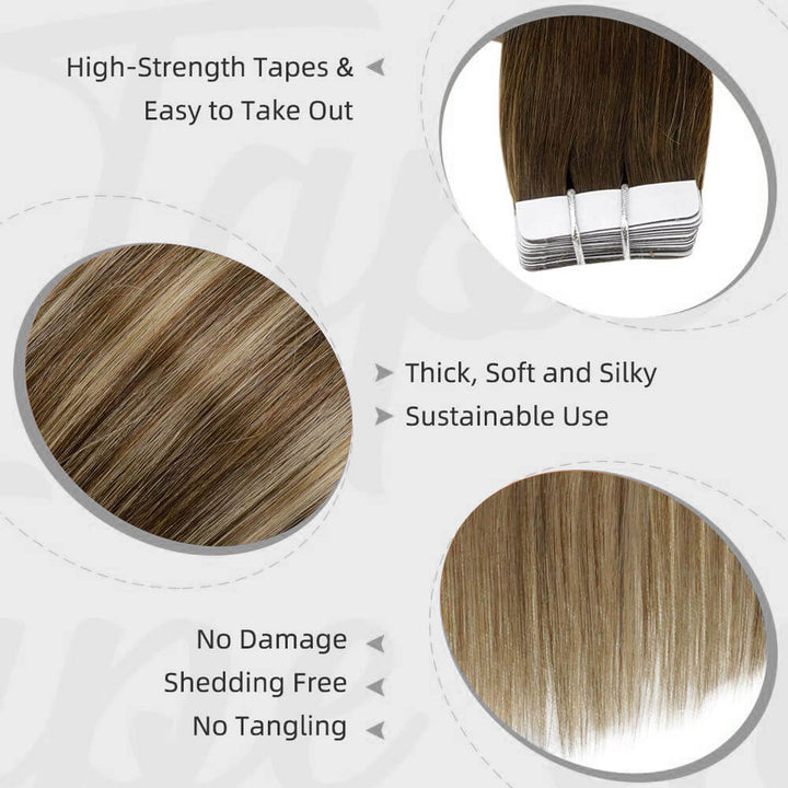 Tape in Hair Extensions Remy Human Hair Balayage Highlights #4/27/4 |Easyouth