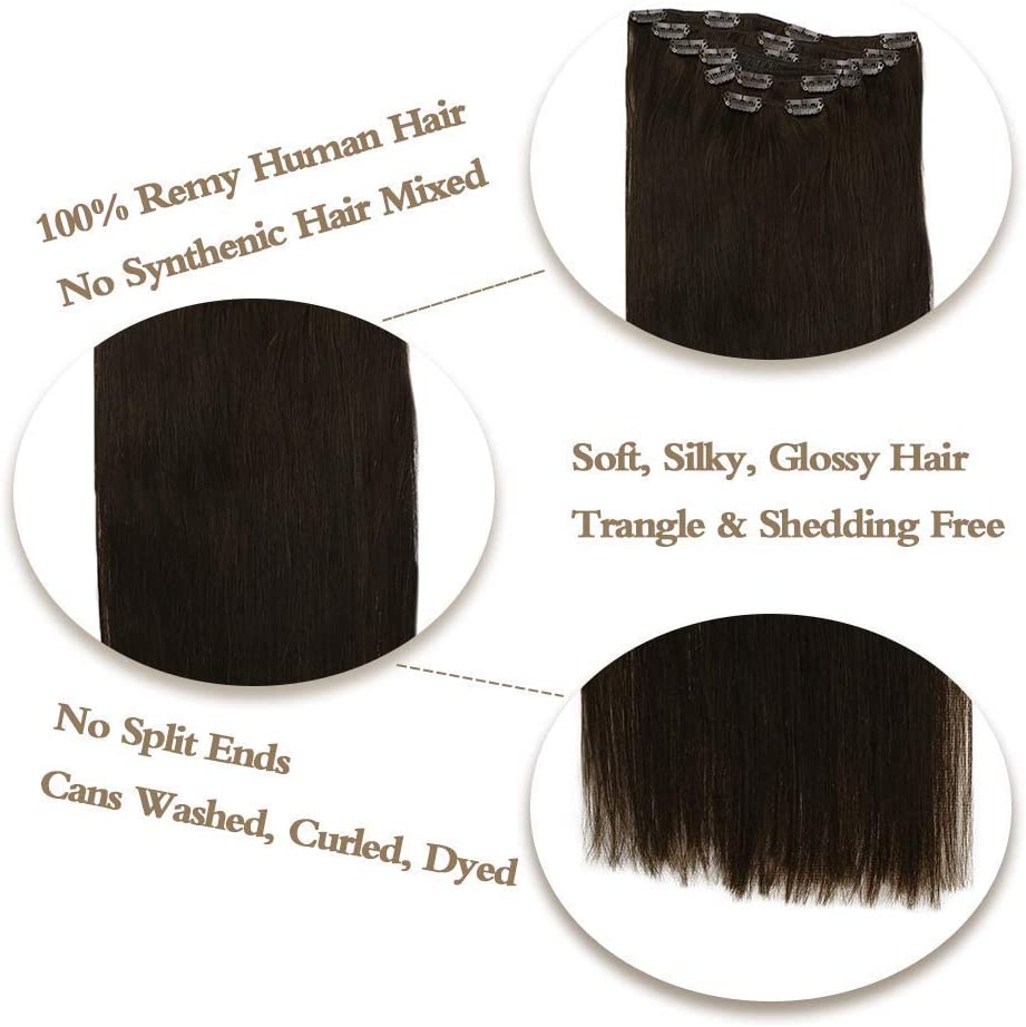 Clip in Real Hair Extensions Color Dark Brown Double Weft Clip