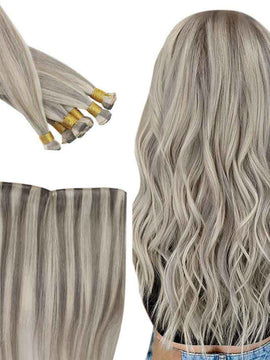 Hand Tied Weft Human Bundles Virgin Hair Grey Blonde Highlights #19/60 |Easyouth