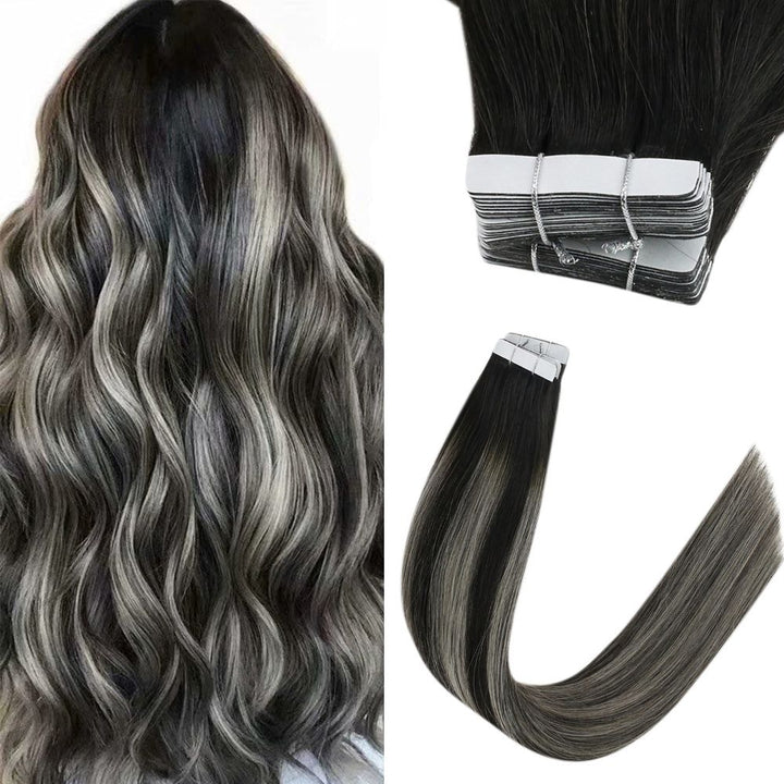 Tape in Hair Extensions Remy Human Hair Balayage Highlights #1B/Silver/1B |Easyouth