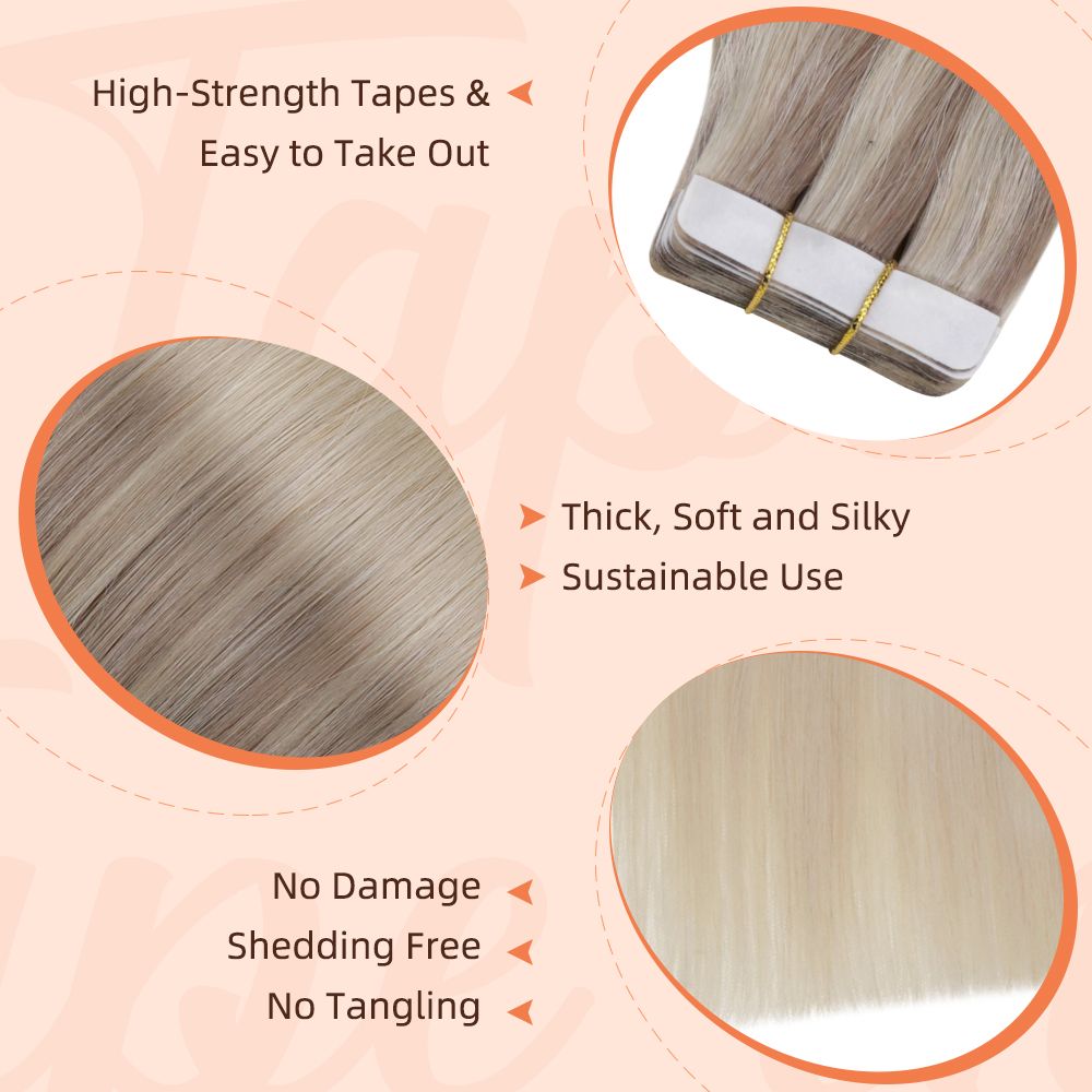 Easyouth Tape-in Haarextensions Echthaar – 24 Zoll, 50g, Farbe #8/60/18 (Aschbraun/Platinblond/Aschblond)