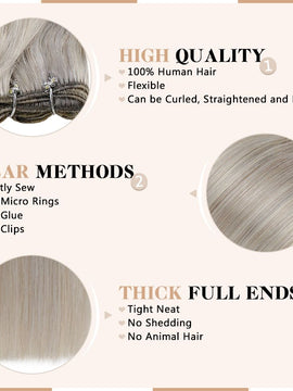 Weft Human Hair Extensions Virgin Hair Grey Blonde Highlights #19/60 |Easyouth