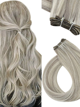 Weft Human Hair Extensions Virgin Hair Grey Blonde Highlights #19/60 |Easyouth